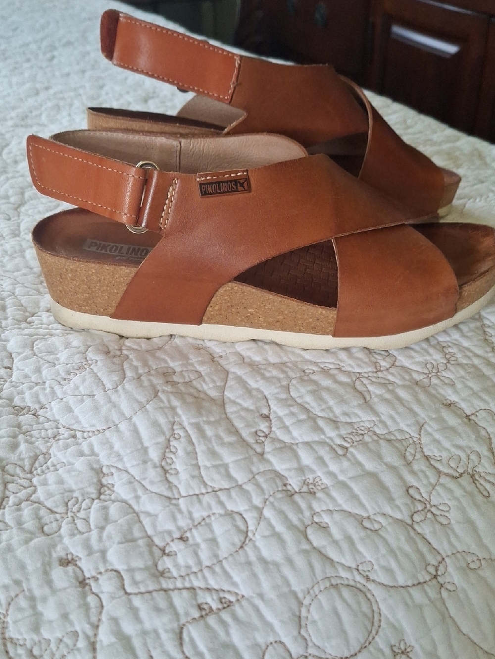 PIKOLINOS Brown Leather Cork Wedge Slingback Sandals